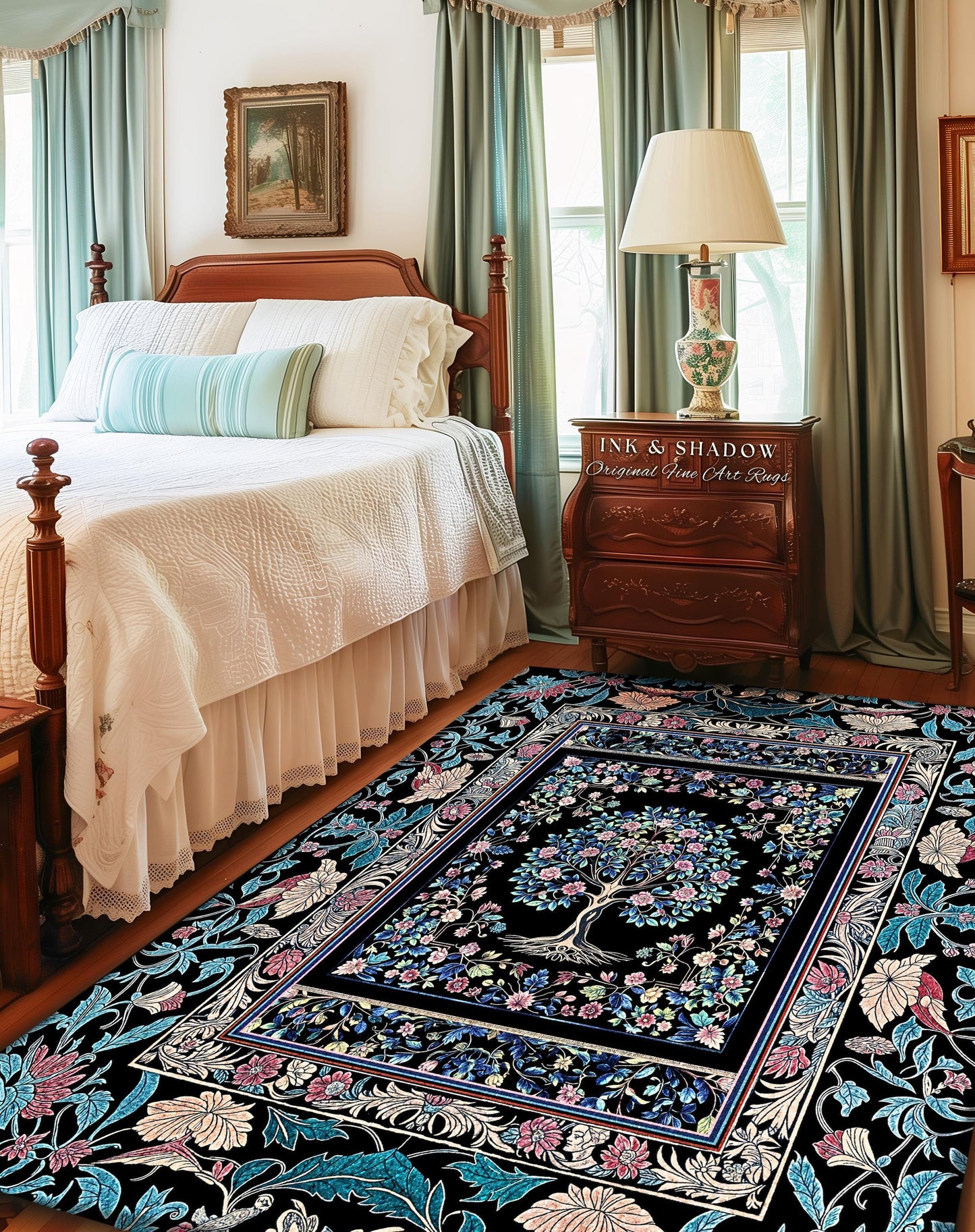Timeless Folklore Tree Accent Rug | Gothic Floral Medieval Ornate Nature Motif Romantic Garden Aesthetic Tapestry Decor Maximalist Home |