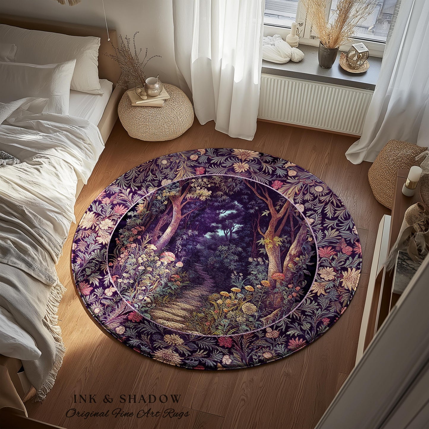 Magical Woodland Mushroom Rug | Fairytale Theme Woodland Botanical Aesthetic Whimsical Home Decor Bedroom Housewarming Gift Purple Woods |