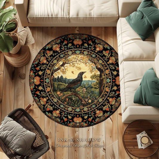 Dark Floral Raven Rug | Victorian Gothic Room Decor William Morris Inspired Cottagecore Aesthetic Dark Fairycore Goth Bedroom Black Crow
