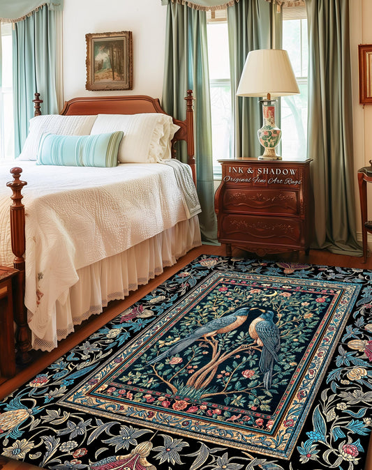 May include: A bedroom featuring a dark, patterned rug with a floral and bird design. The rug is predominantly black with teal, pink, and gold accents. A wooden bed with white bedding and a light blue bolster pillow sits on the left. A wooden nightstand with a lamp is on the right.