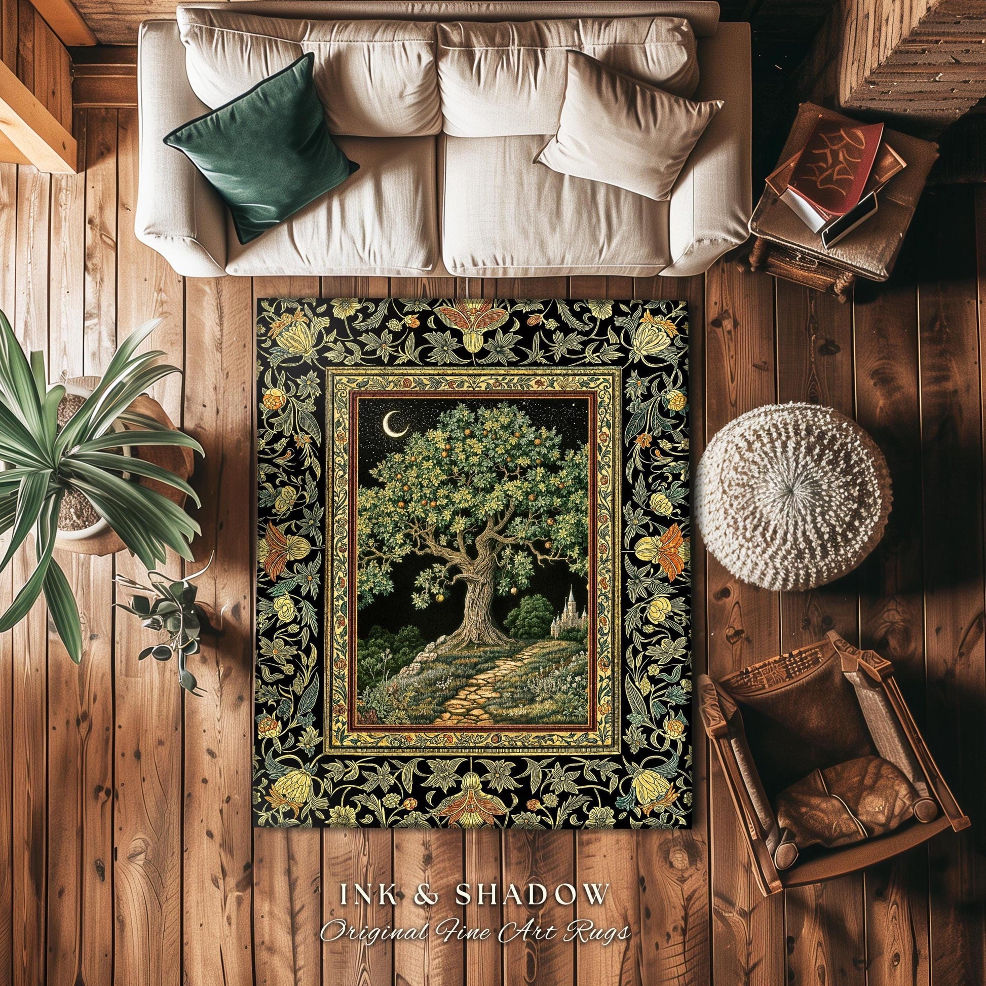Emerald Aesthetic Folklore Area Rug | Celestial Tree of Life Moonlit Forest Enchanted Mystic Woodland Decor Dark Cottagecore Whimsical Decor