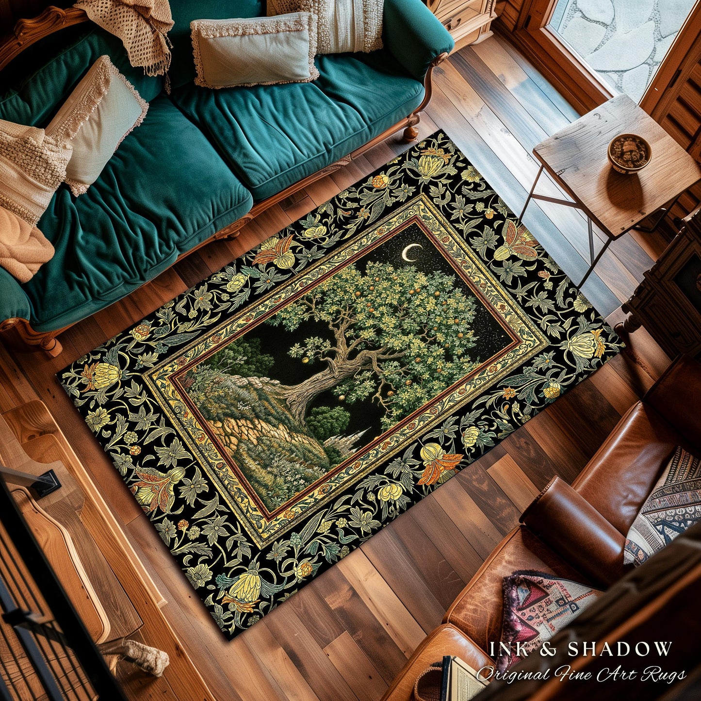 Emerald Aesthetic Folklore Area Rug | Celestial Tree of Life Moonlit Forest Enchanted Mystic Woodland Decor Dark Cottagecore Whimsical Decor