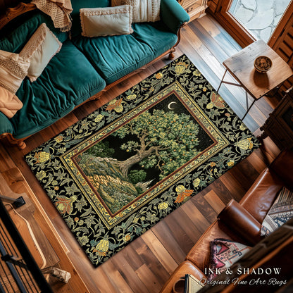 Emerald Aesthetic Folklore Area Rug | Celestial Tree of Life Moonlit Forest Enchanted Mystic Woodland Decor Dark Cottagecore Whimsical Decor