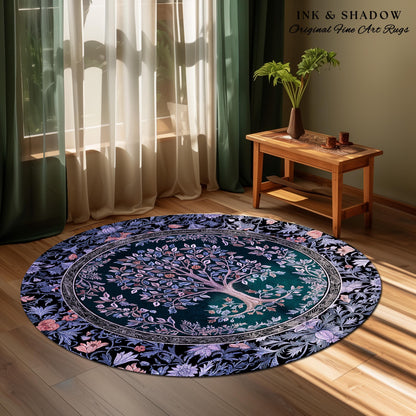 Whimsical Lavender Tree of Life Rug | Pastel Botanical Theme Romantic Cottagecore Decor Medieval Gothic Style Vintage Folk Art Home Accent