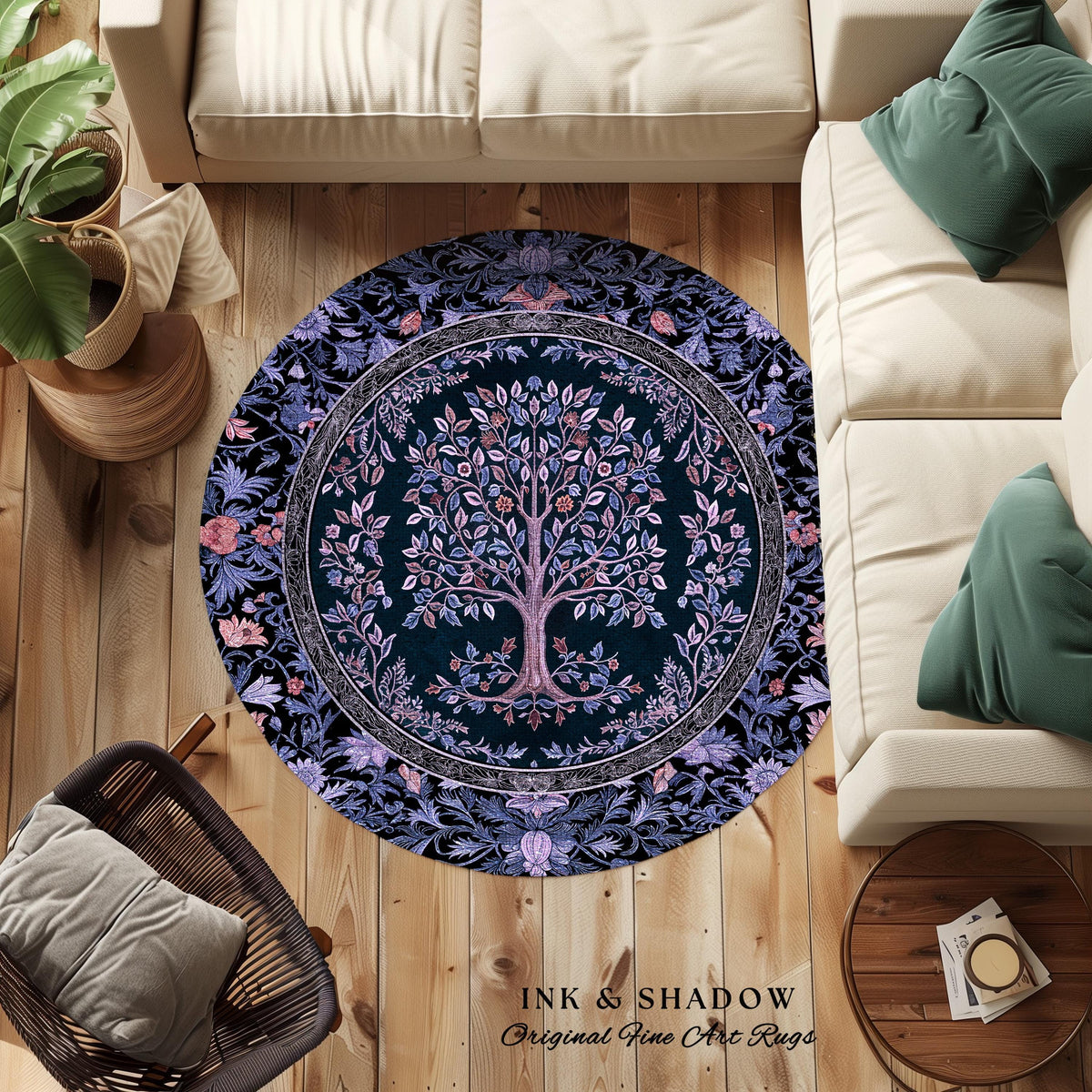 Whimsical Lavender Tree of Life Rug | Pastel Botanical Theme Romantic Cottagecore Decor Medieval Gothic Style Vintage Folk Art Home Accent