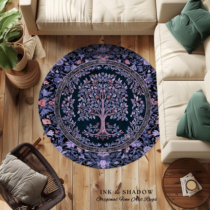 Whimsical Lavender Tree of Life Rug | Pastel Botanical Theme Romantic Cottagecore Decor Medieval Gothic Style Vintage Folk Art Home Accent