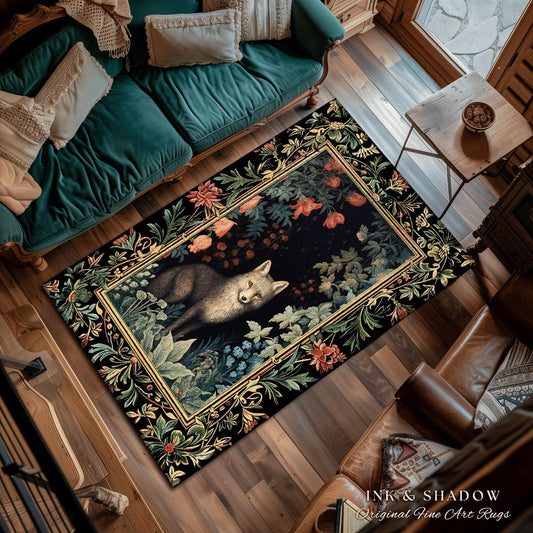 Grey Fox Mystic Bedroom Rug | Cottagegoth Room Decor William Morris Inspired Forest Aesthetic Fairycore Gothic Dorm Rug Ethereal Decoration