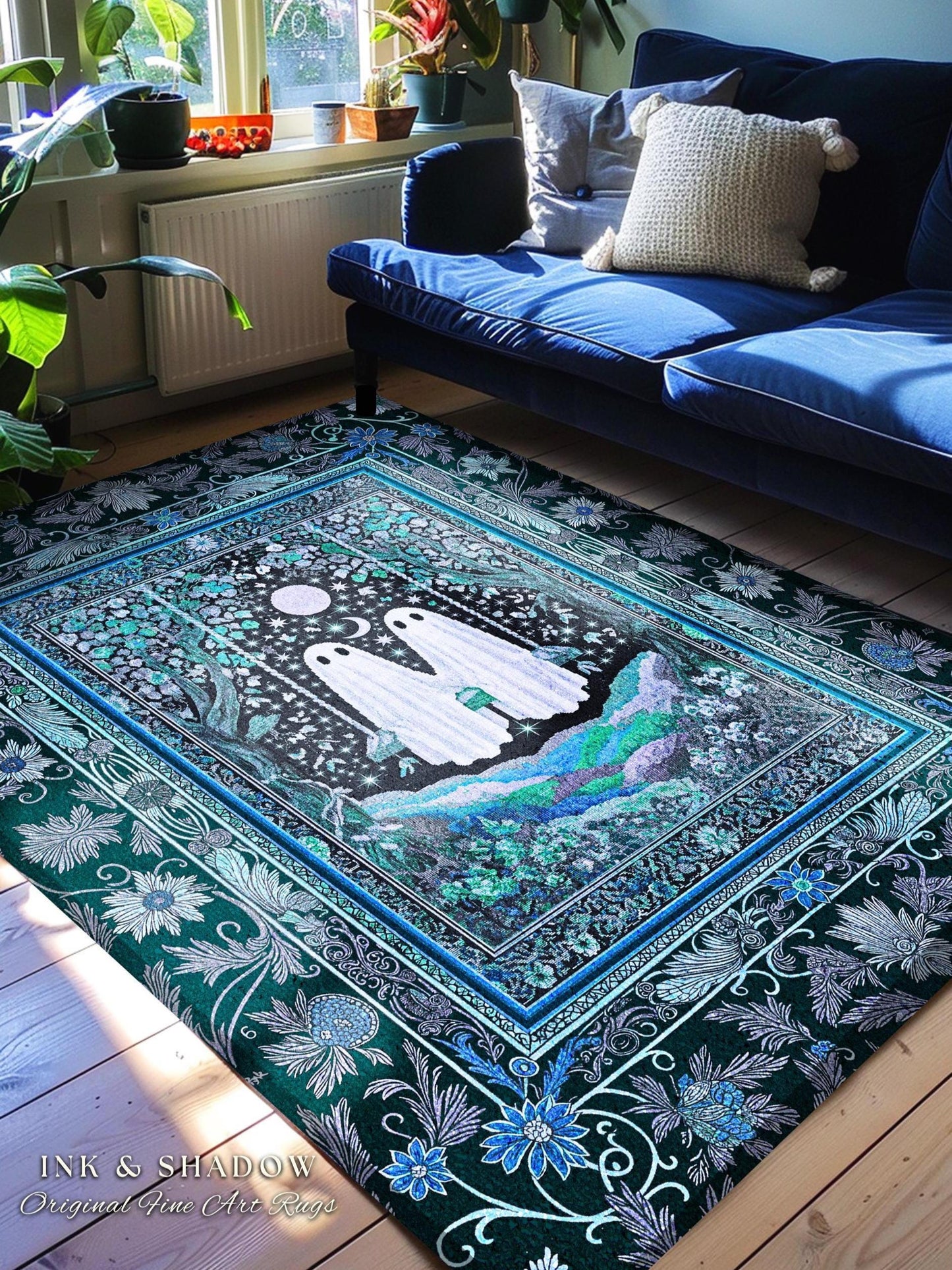 Teal Moonight Witchy Ghost Area Rug | Mystical Forest Bedroom Accent Halloween Decor Folklore-Inspired Floral Gothic Whimsigothic Style Rug