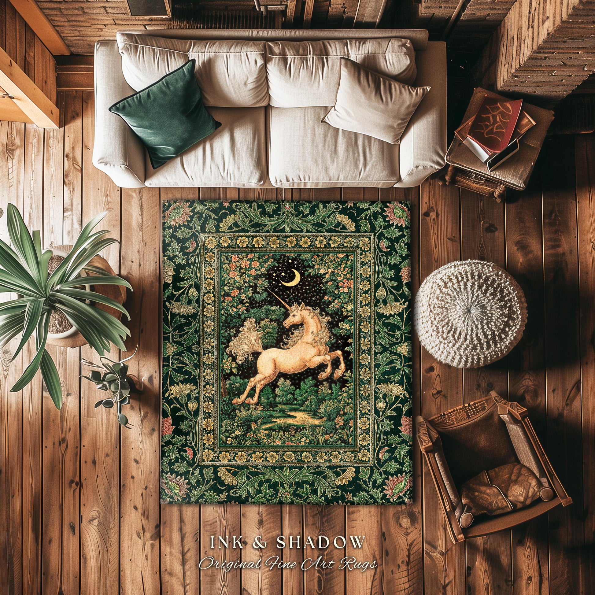 Magic Garden Unicorn Aesthetic Rug | Crescent Moon Cottagecore Pegasus Regal Decor Forest Baroque Accent Castlecore Romantic Mystical Style