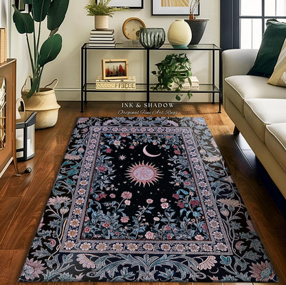 Midnight Lavender Celestial Round Rug | Witchy Pastel Tarot-Inspired Bohemian Sun & Moon Maximalist Astrology Whimsical Purple Bedroom Decor