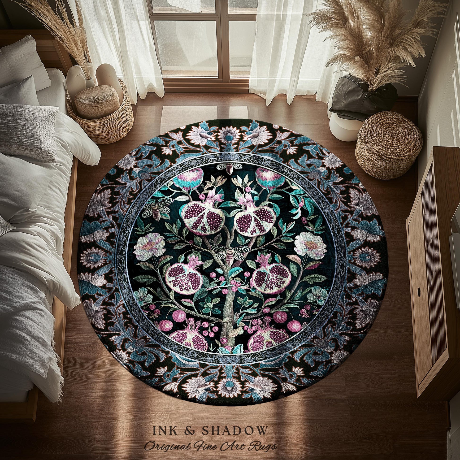 Enchanted Floral Pomegranate Rug Whimsigothic Botanical Witch Cottagecore Decor, Witchy Dark Academia Indigo Blue Forestcore Art Nouveau Rug