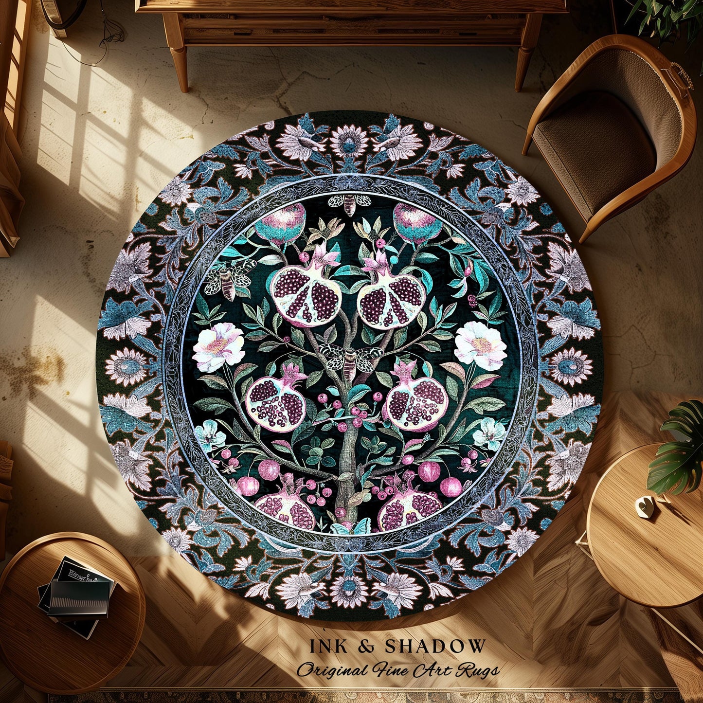 Enchanted Floral Pomegranate Rug Whimsigothic Botanical Witch Cottagecore Decor, Witchy Dark Academia Indigo Blue Forestcore Art Nouveau Rug
