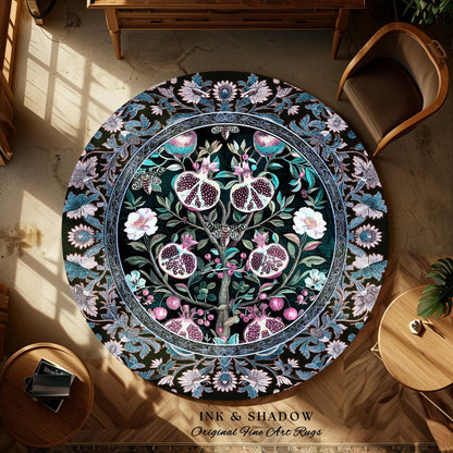 Enchanted Floral Pomegranate Rug Whimsigothic Botanical Witch Cottagecore Decor, Witchy Dark Academia Indigo Blue Forestcore Art Nouveau Rug
