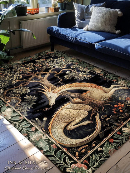 Dark Academia Dragon Round Area Rug | Medieval Folklore Room Decor Fairytale Inspired DnD Gift Dark Cottagecore Fairycore Mystical Game Room