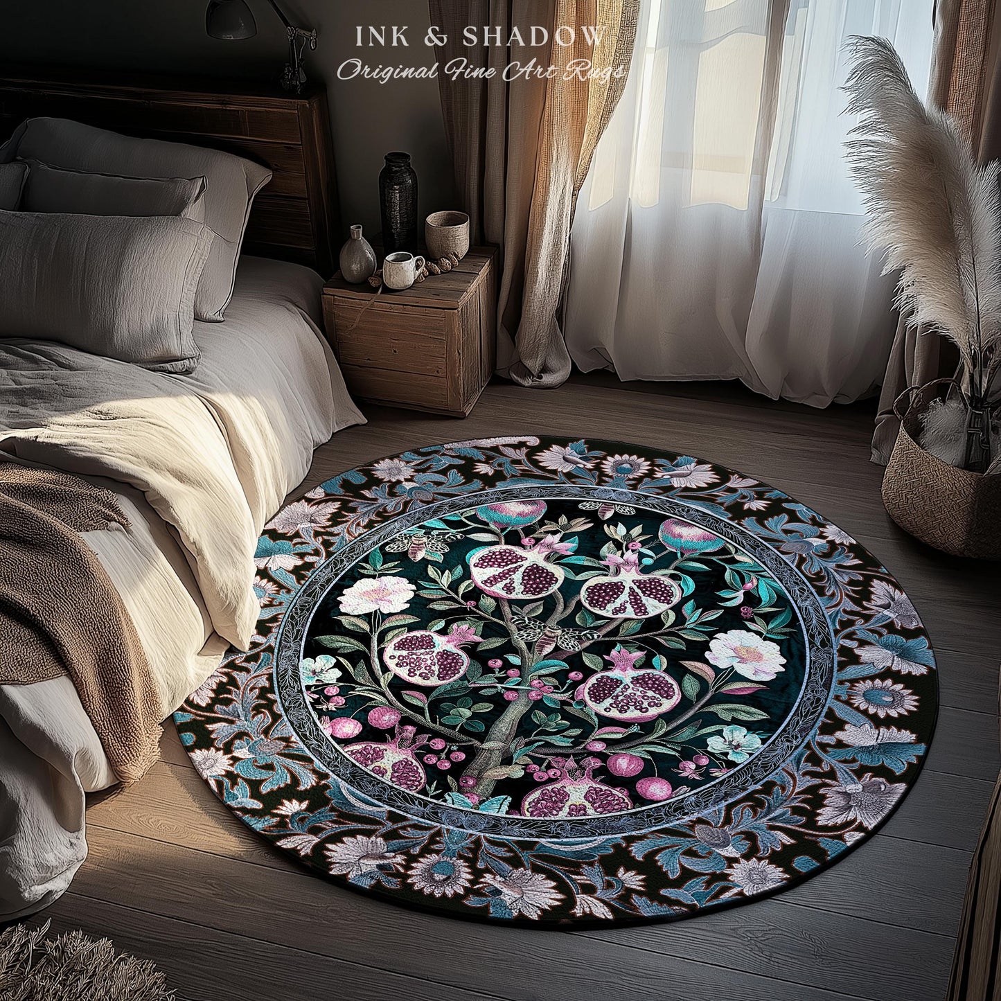 Enchanted Floral Pomegranate Rug Whimsigothic Botanical Witch Cottagecore Decor, Witchy Dark Academia Indigo Blue Forestcore Art Nouveau Rug