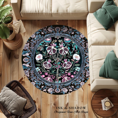 Enchanted Floral Pomegranate Rug Whimsigothic Botanical Witch Cottagecore Decor, Witchy Dark Academia Indigo Blue Forestcore Art Nouveau Rug