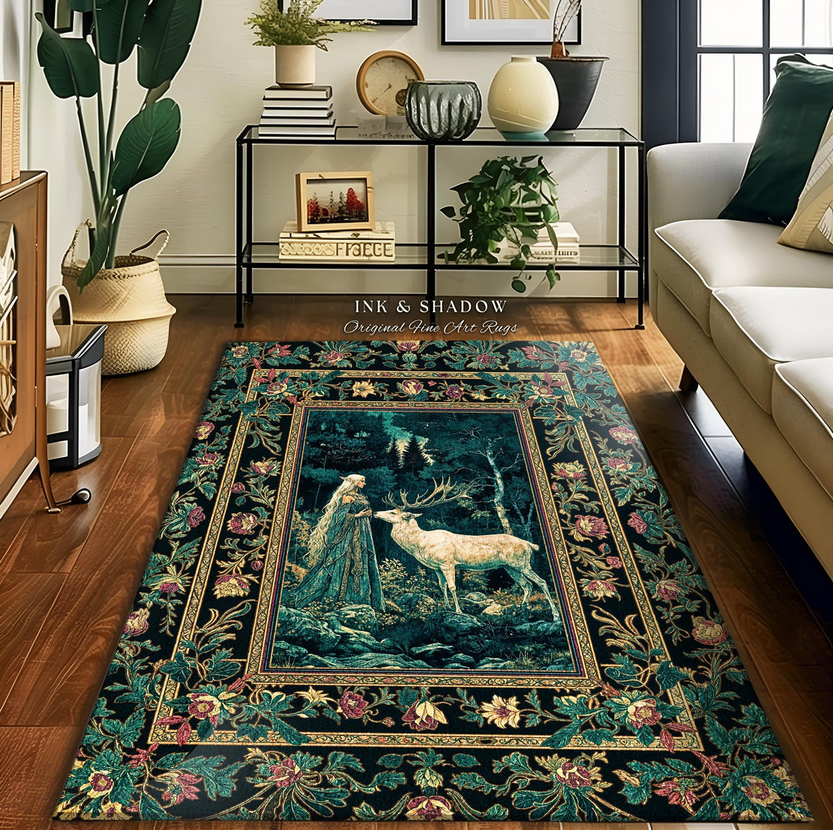Moody Magic Forest Spirits Accent Rug | Dark Nature Renaissance Botanical Cottagecore Medieval Folklore Inspired Fantasy Deer Area Rug |