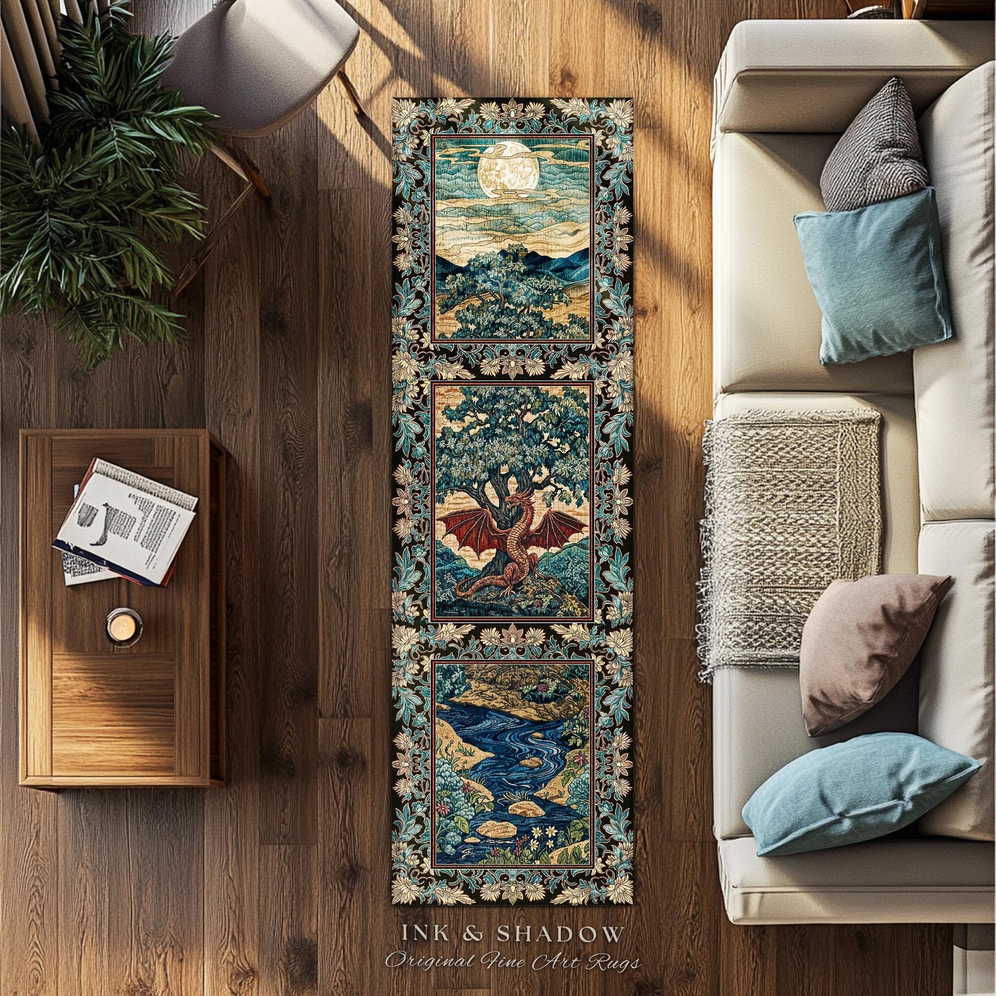 Dark Magic Medieval Dragon Area Rug | Fantasy Aesthetic Gothic Baroque Bedroom Tree of Life Mythical Creatures Bedroom Book Nook Carpet Rug
