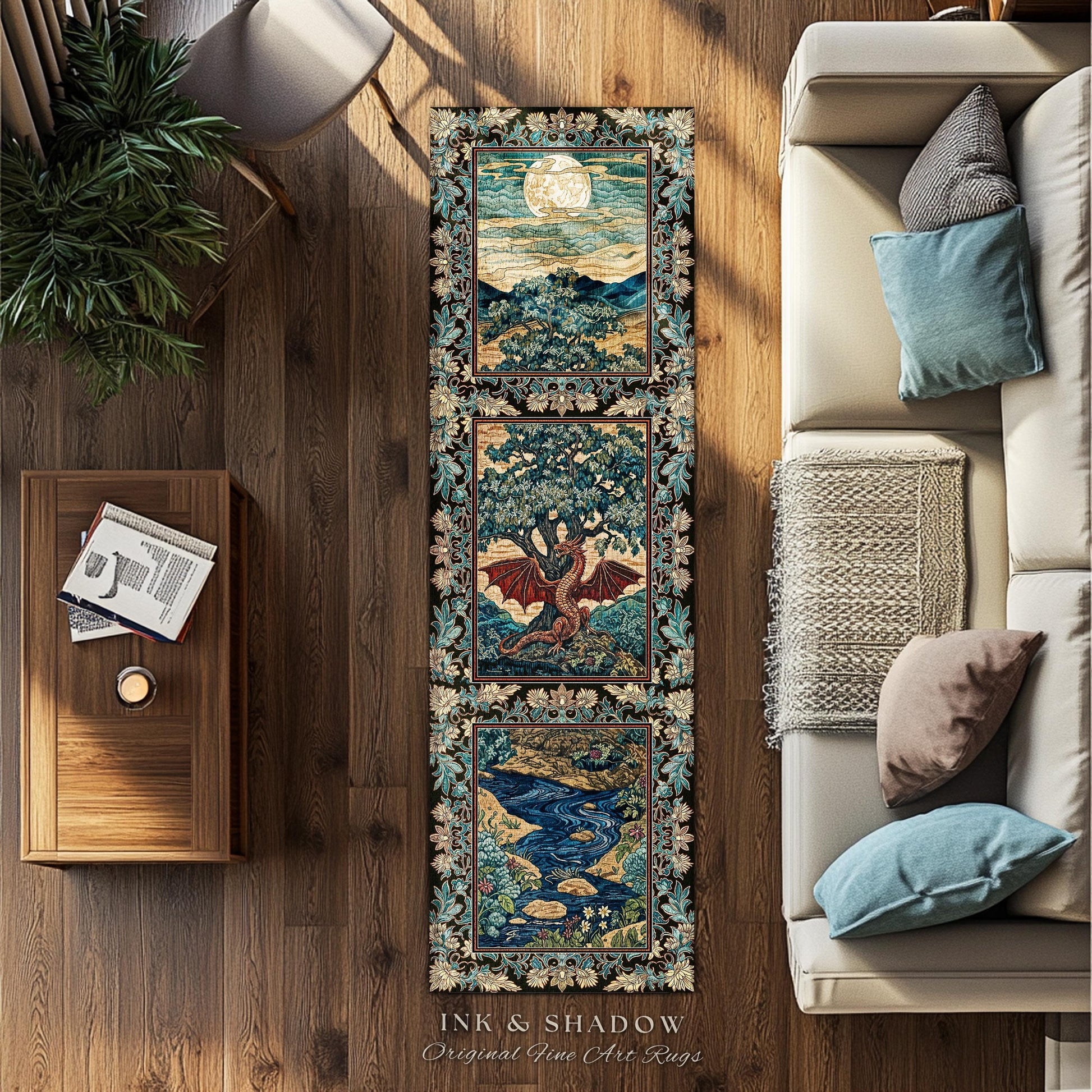 Dark Magic Medieval Dragon Area Rug | Fantasy Aesthetic Gothic Baroque Bedroom Tree of Life Mythical Creatures Bedroom Book Nook Carpet Rug
