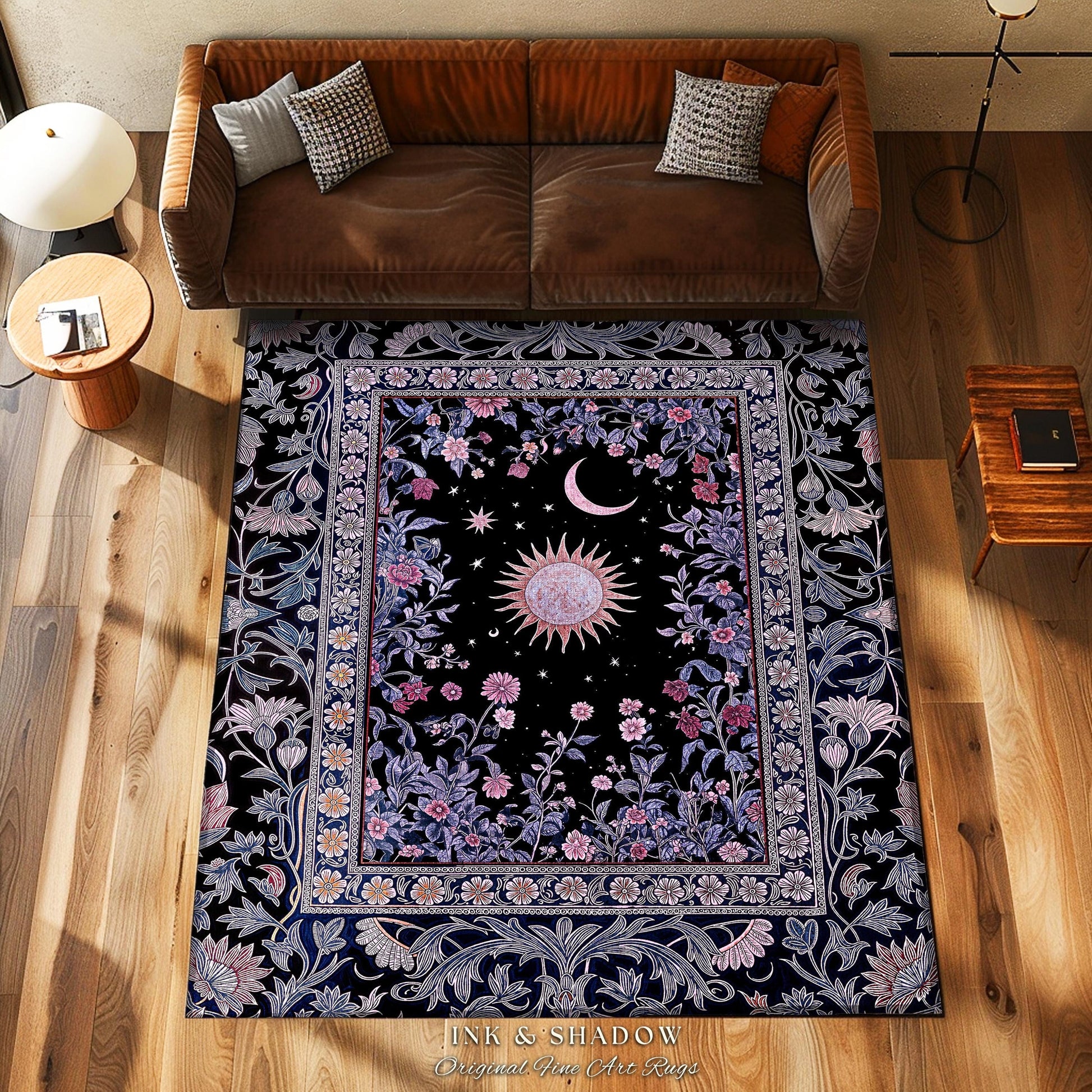 Midnight Lavender Celestial Rug | Witchy Pastel Tarot-Inspired Bohemian Sun and Moon Maximalist Astrology Whimsical Purple Bedroom Decor |