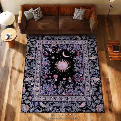 Midnight Lavender Celestial Rug | Witchy Pastel Tarot-Inspired Bohemian Sun and Moon Maximalist Astrology Whimsical Purple Bedroom Decor |