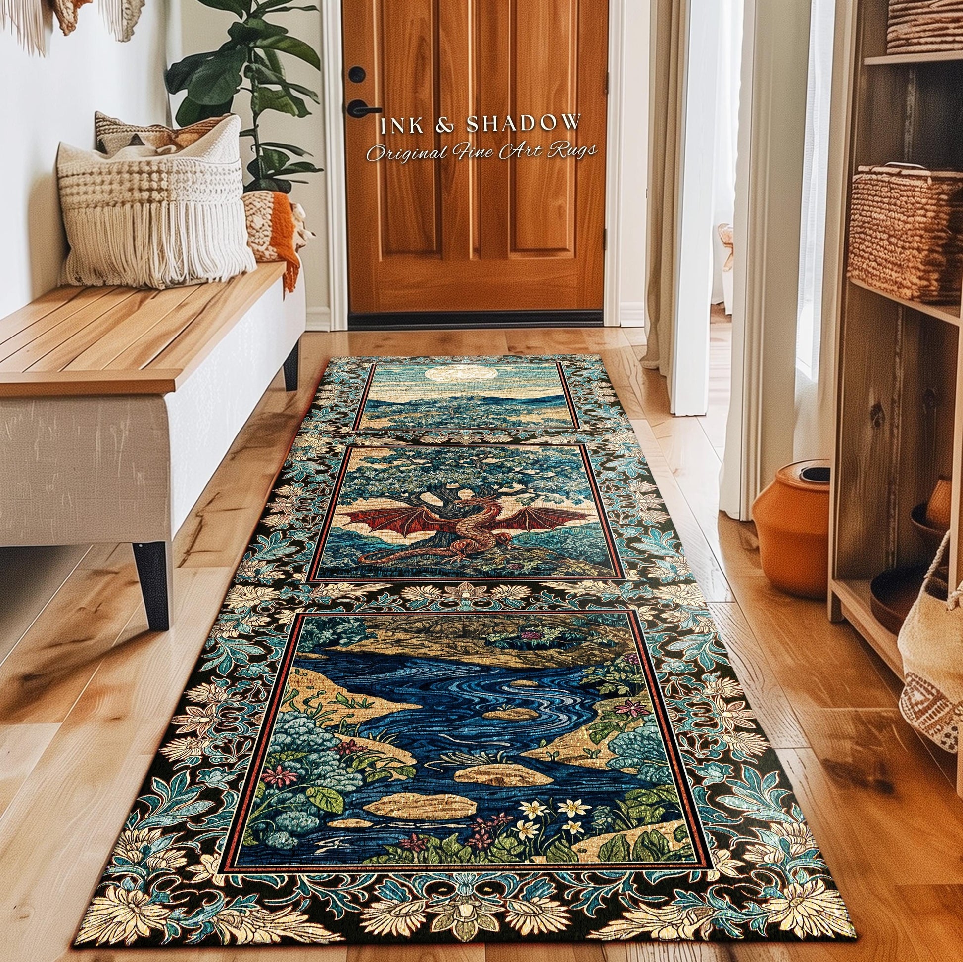 Dark Magic Medieval Dragon Area Rug | Fantasy Aesthetic Gothic Baroque Bedroom Tree of Life Mythical Creatures Bedroom Book Nook Carpet Rug