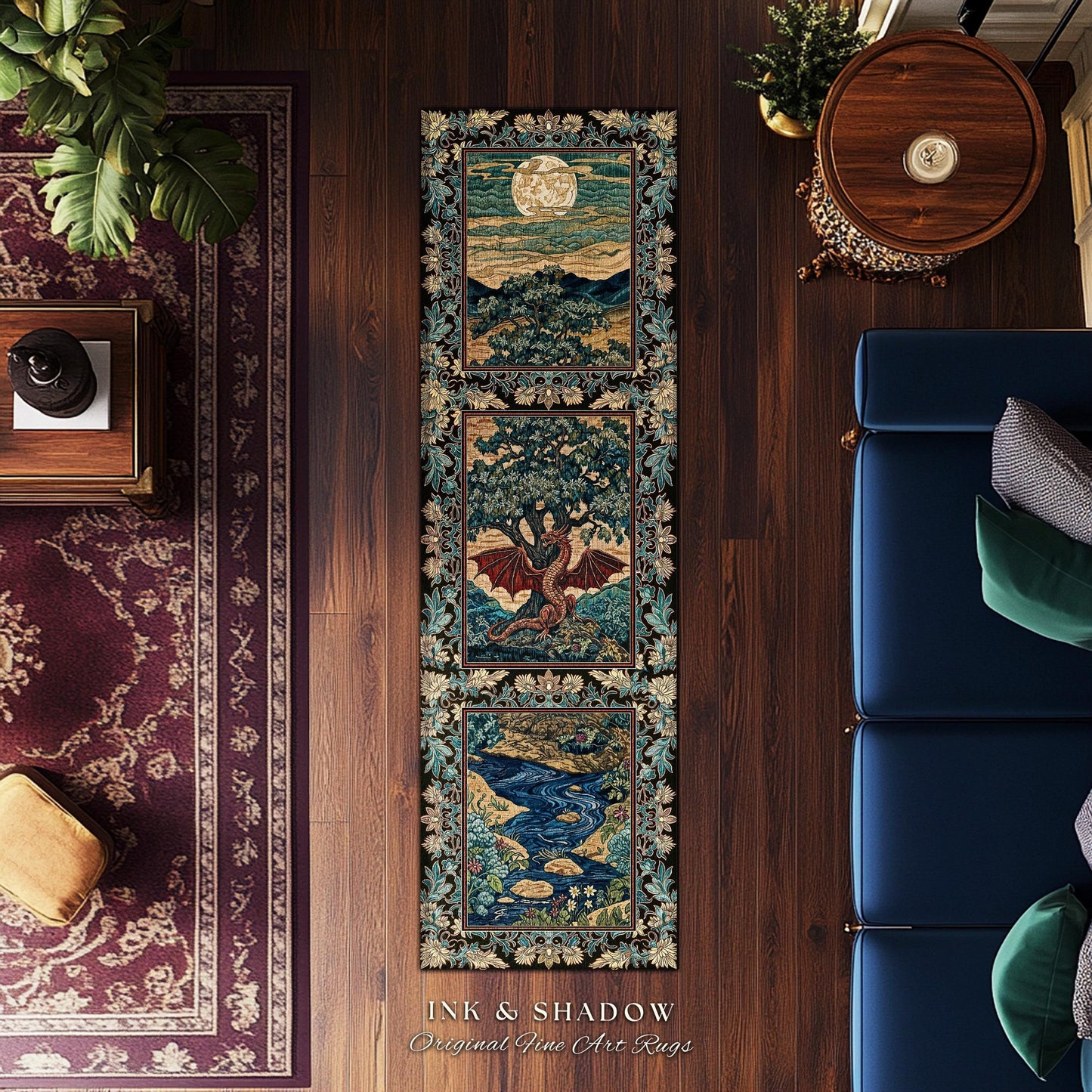 Dark Magic Medieval Dragon Area Rug | Fantasy Aesthetic Gothic Baroque Bedroom Tree of Life Mythical Creatures Bedroom Book Nook Carpet Rug