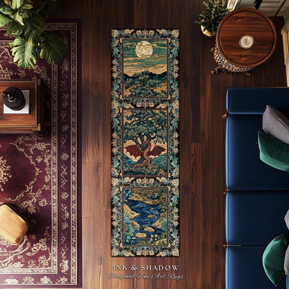 Dark Magic Medieval Dragon Area Rug | Fantasy Aesthetic Gothic Baroque Bedroom Tree of Life Mythical Creatures Bedroom Book Nook Carpet Rug