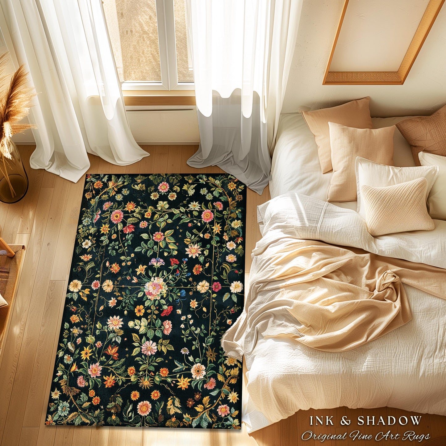 Vintage Dark Academia Wildflower Rug | Floral Aesthetic Ornate Gothic Home Decor Whimsical Rustic Housewarming Gift Ethereal Dark Academia