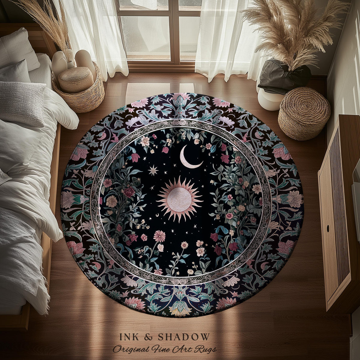 Midnight Lavender Celestial Rug | Witchy Pastel Tarot-Inspired Bohemian Sun and Moon Maximalist Astrology Whimsical Purple Bedroom Decor |