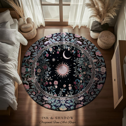 Midnight Lavender Celestial Rug | Witchy Pastel Tarot-Inspired Bohemian Sun and Moon Maximalist Astrology Whimsical Purple Bedroom Decor |