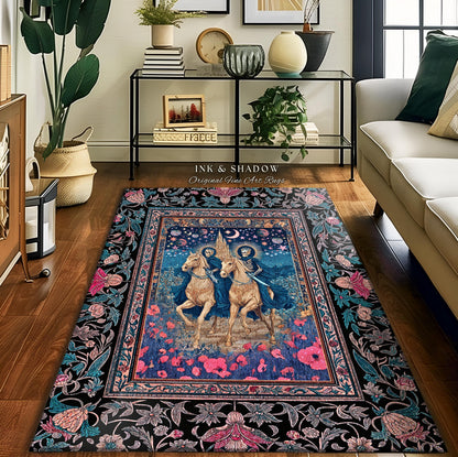 May include: A rectangular rug with a central image of two figures on horseback under a starry sky, surrounded by pink flowers and a black floral border. The rug has the text "INK & SHADOW Original Fine Art Rugs".