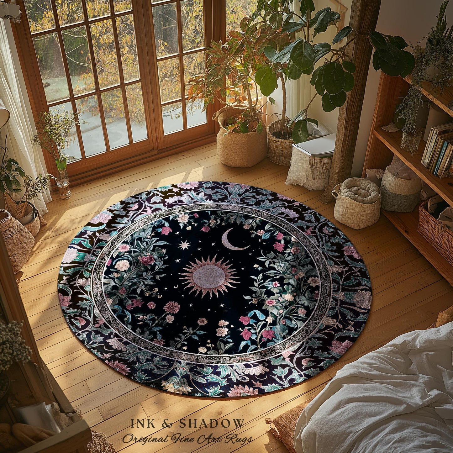 Midnight Lavender Celestial Rug | Witchy Pastel Tarot-Inspired Bohemian Sun and Moon Maximalist Astrology Whimsical Purple Bedroom Decor |