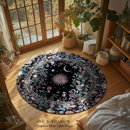 Midnight Lavender Celestial Rug | Witchy Pastel Tarot-Inspired Bohemian Sun and Moon Maximalist Astrology Whimsical Purple Bedroom Decor |