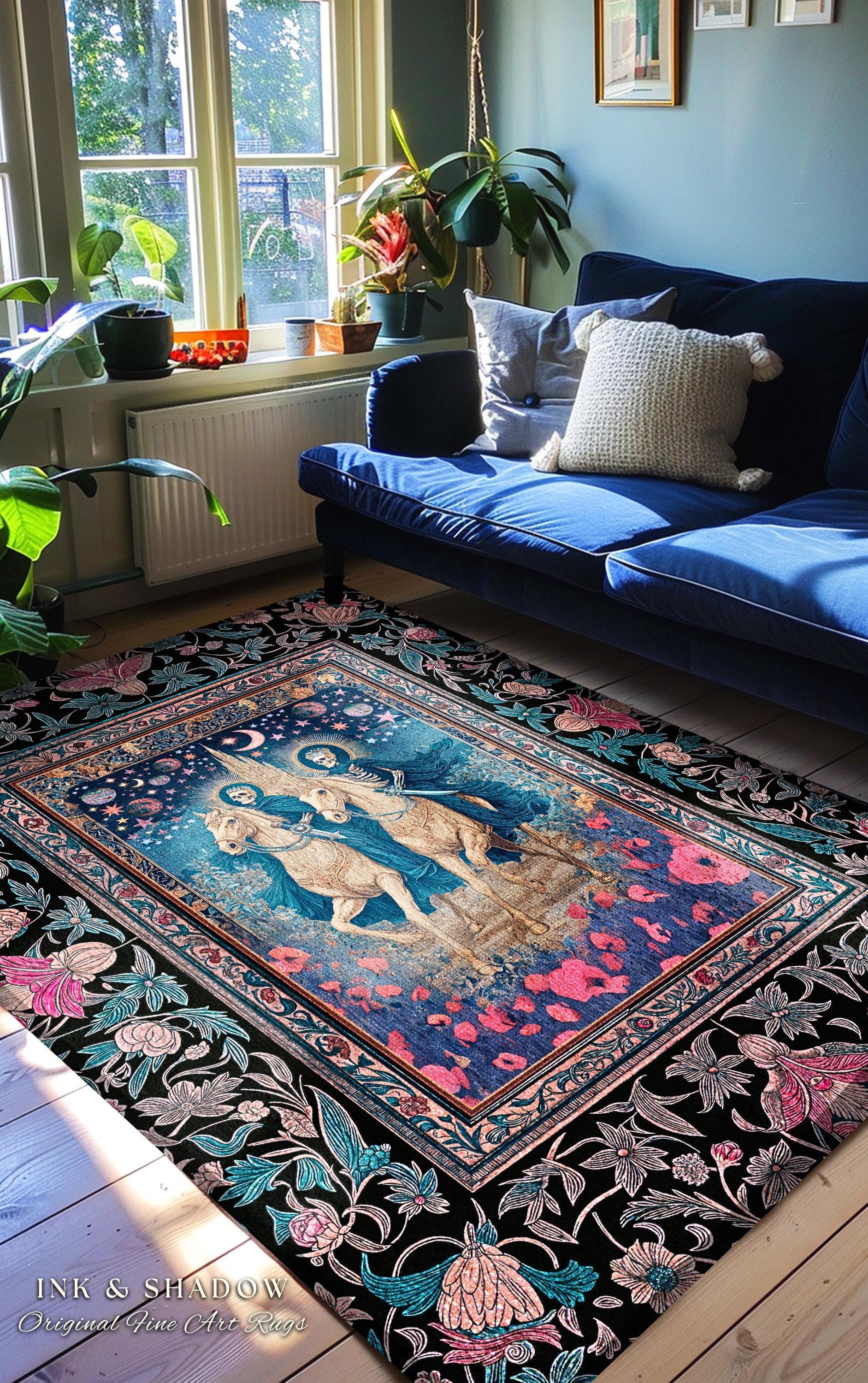 Poppy Field Skeleton Couple Area Rug | Floral Baroque Castle Aesthetic Celestial Horsemen Gothic Lovers Fantasy Bedroom Accent Mystic Decor