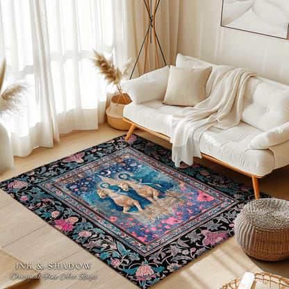 Poppy Field Skeleton Couple Area Rug | Floral Baroque Castle Aesthetic Celestial Horsemen Gothic Lovers Fantasy Bedroom Accent Mystic Decor