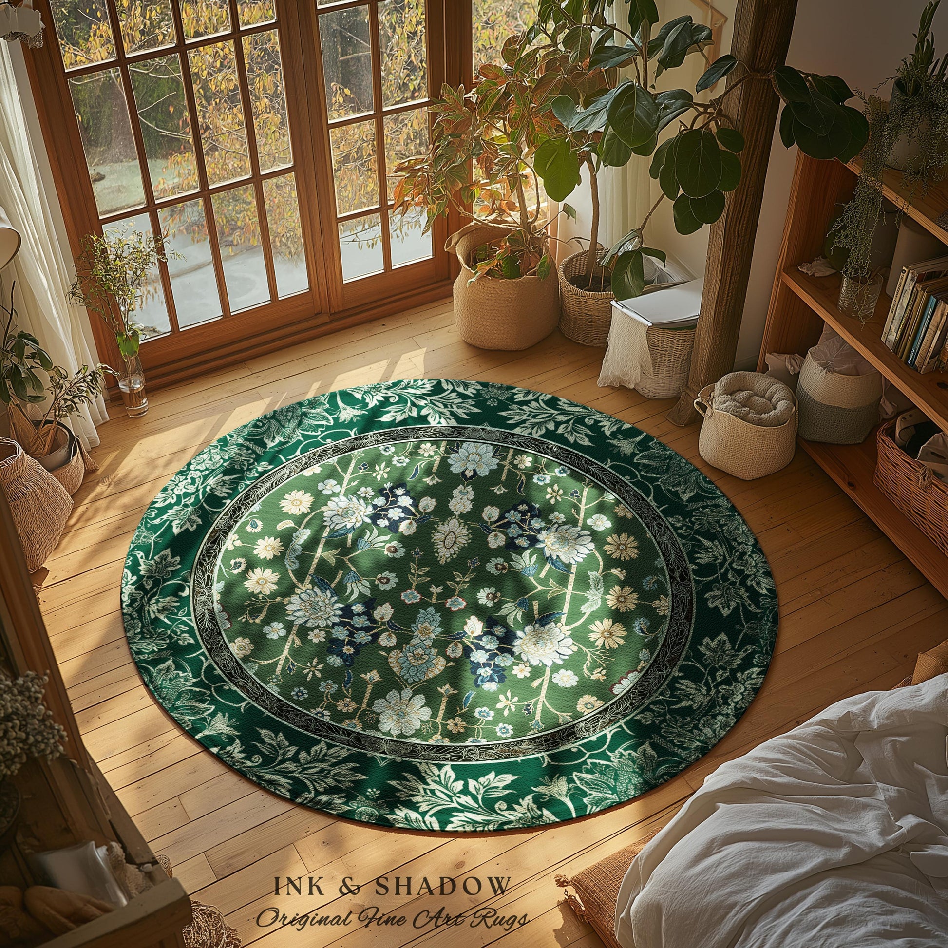 Muted Green Boho Round Area Rug | Rustic Aesthetic Living Room Pastel Green Home Decor Housewarming Gift Cottagecore Green Bedroom Floor Mat