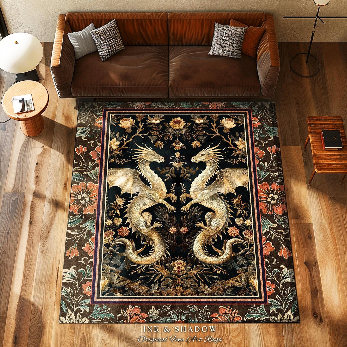 Fantasy Inspired Dragon Rug Victorian Gothic Decor | Enchanted Medieval Dragon Lovers Light Academia Mystical Mythological Whimsigothic Art