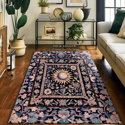 May include: A black and gold rug with a floral design and a sun and moon motif. The rug has a border of pink and blue flowers. The text "Ink & Shadow Original Fine Art Rugs" is printed on the rug.