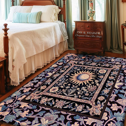 May include: A black and white rug with a floral design and a sun and moon in the center. The rug is in a bedroom with a white bed, a wooden nightstand, and a lamp. The nightstand has a sign that reads 'INK & SHADOW Original Fine Art Rugs'.
