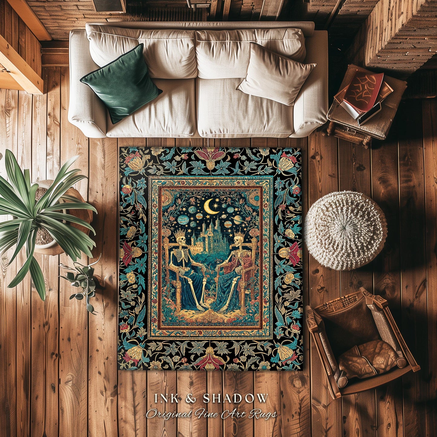 Starlit Skeleton Lovers Celestial Rug | Gothic Castle Whimsigothic Romance Cosmic Sky Baroque Magical King and Queen Bedroom Accent Moonlit