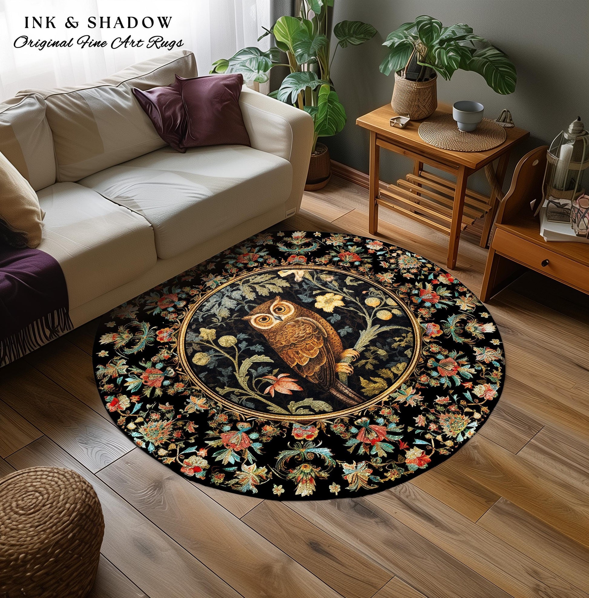 Woodland Floral Round Owl Rug Morris Inspired Forest Aesthetic | Fairycore Boho Bedroom Botanical Forestcore Art Whimsical Book Nook Owl Rug