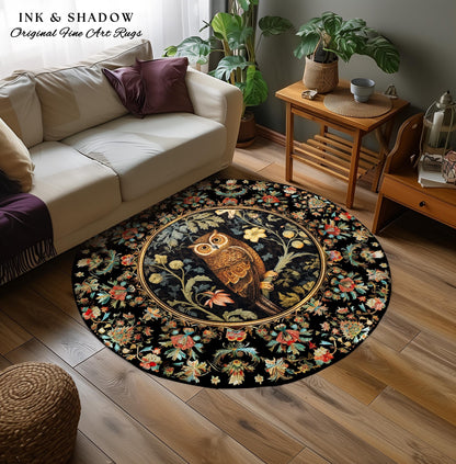 Woodland Floral Round Owl Rug Morris Inspired Forest Aesthetic | Fairycore Boho Bedroom Botanical Forestcore Art Whimsical Book Nook Owl Rug