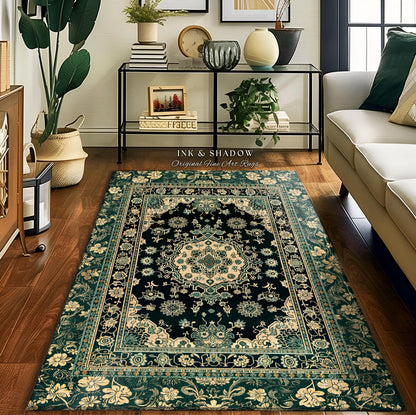 Victorian Gothic Bedroom Rug | Reading Nook Cozy Floor Rug Ornate Statement Rug with Blue Green Detail Cottagecore Dark Academia Aesthetic