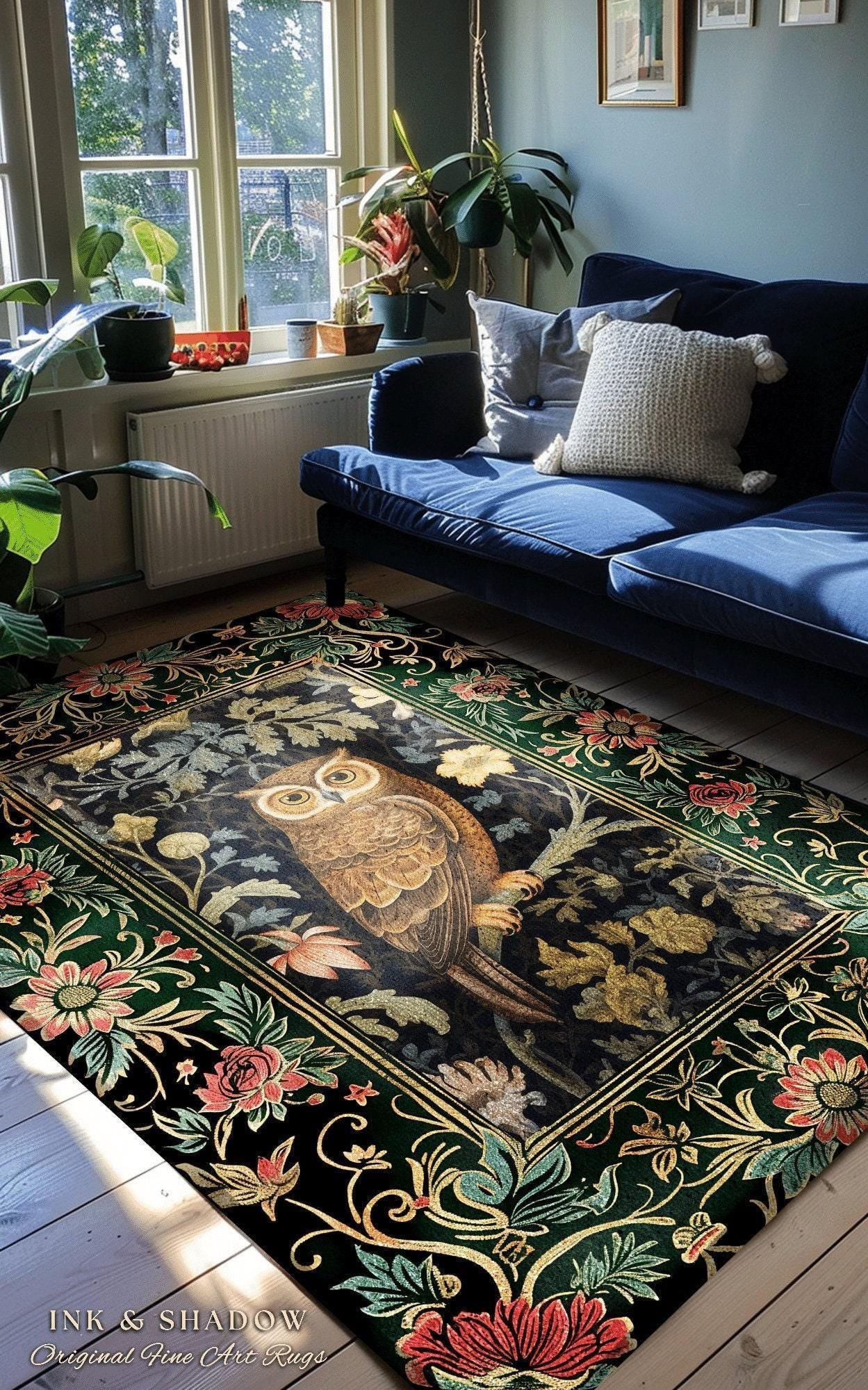 Woodland Floral Round Owl Rug Morris Inspired Forest Aesthetic | Fairycore Boho Bedroom Botanical Forestcore Art Whimsical Book Nook Owl Rug