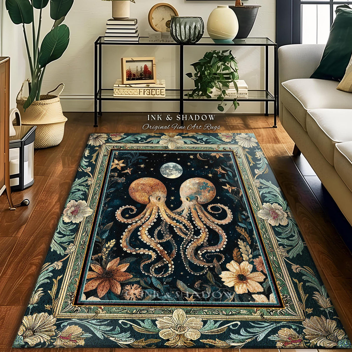 Moonlit Mystic Octopus Area Rug | Magical Sea Life Accent Rug Ethereal Ocean Aesthetic Beach House Throw Whimsigothic Decor Style Nautical |