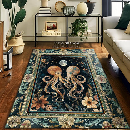 Moonlit Mystic Octopus Area Rug | Magical Sea Life Accent Rug Ethereal Ocean Aesthetic Beach House Throw Whimsigothic Decor Style Nautical |