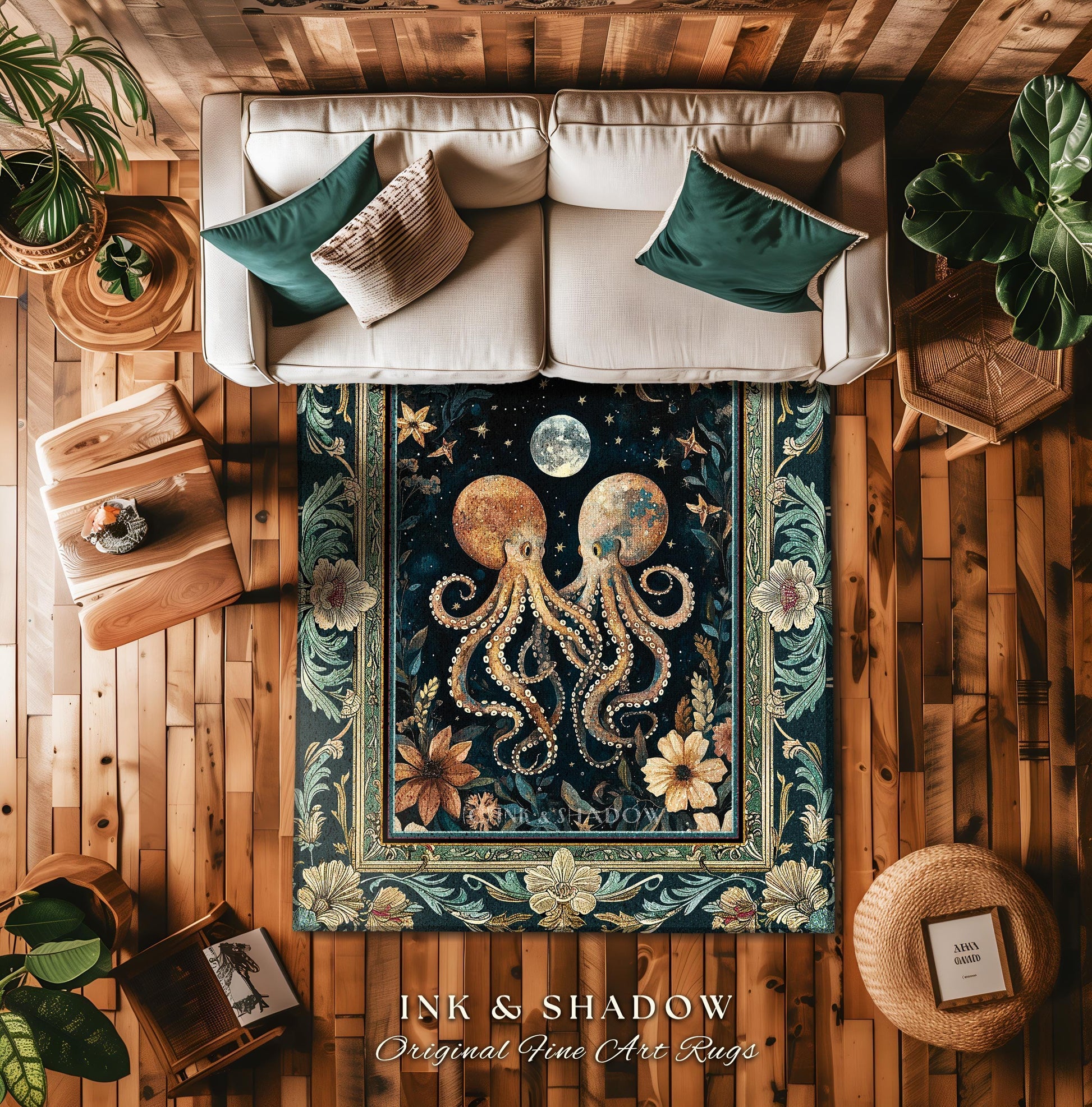Moonlit Mystic Octopus Area Rug | Magical Sea Life Accent Rug Ethereal Ocean Aesthetic Beach House Throw Whimsigothic Decor Style Nautical |