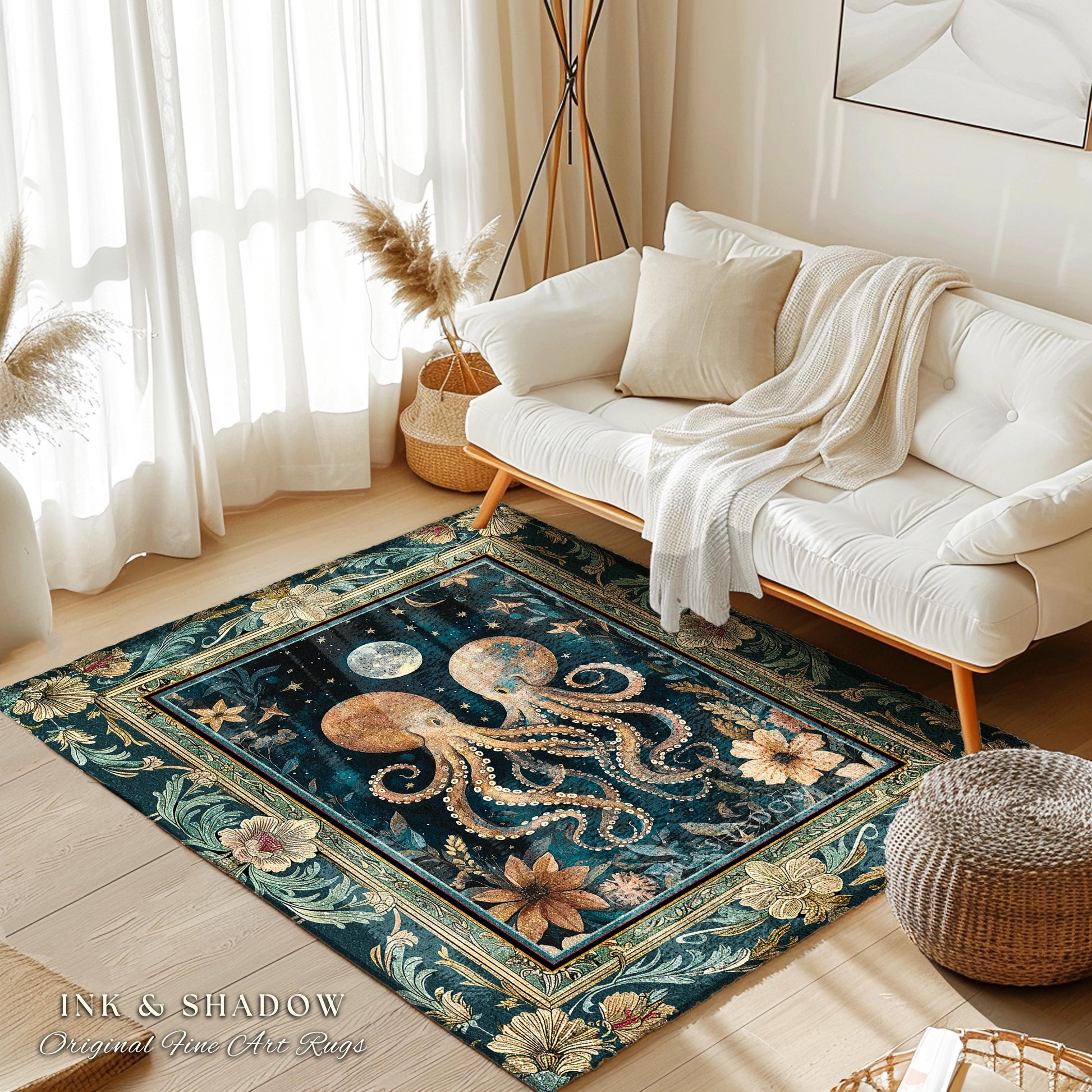 Moonlit Mystic Octopus Area Rug | Magical Sea Life Accent Rug Ethereal Ocean Aesthetic Beach House Throw Whimsigothic Decor Style Nautical |