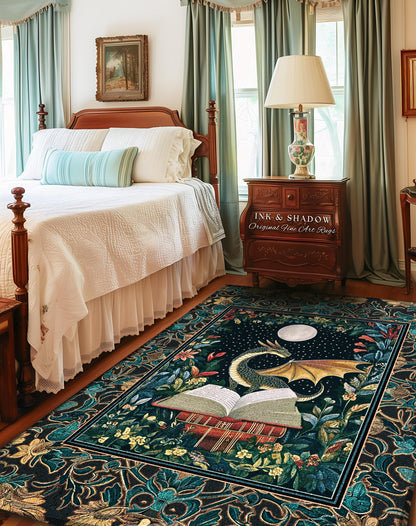 Witchy Moonlit Dragon Accent Rug | Book Lover Bedroom Fantasy Fairytale Style Fairycore Cottagecore Aesthetic Enchanting Area Rug Ethereal